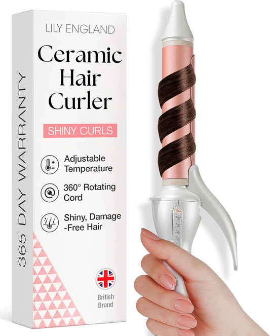 Hair Curling Wand 25Mm, Ceramic Curling Tongs for Short to Long Hair, 100°C - 200°C Adjustable Temperature & Auto-Shut Off, Rose Gold Curler